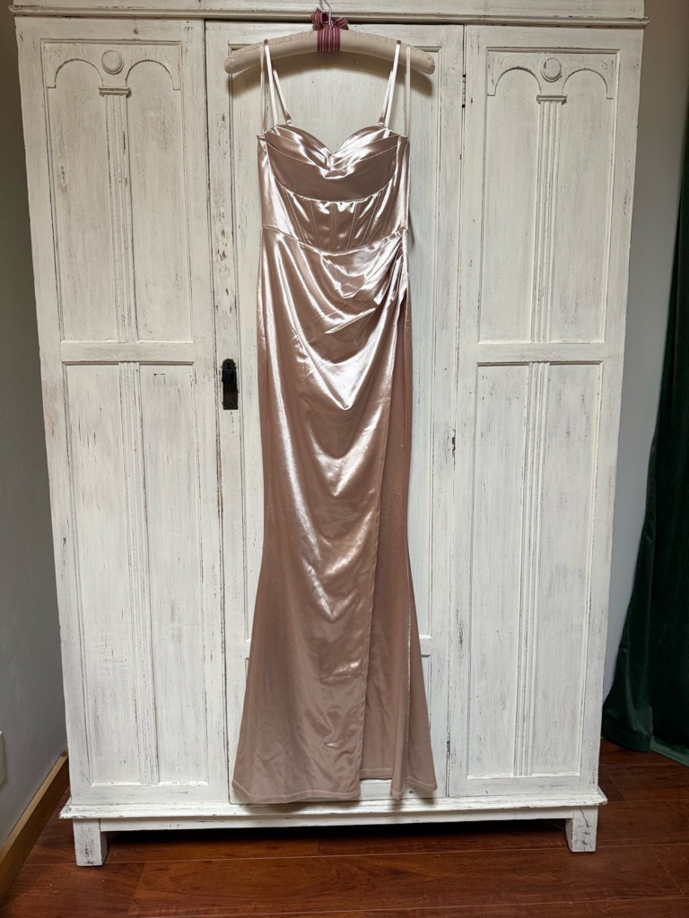 Windsor Champagne Satin Spaghetti-Strap Dress